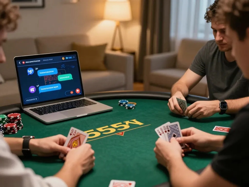 Experience strategic poker at 555WIN with players engaged in a thrilling home game.