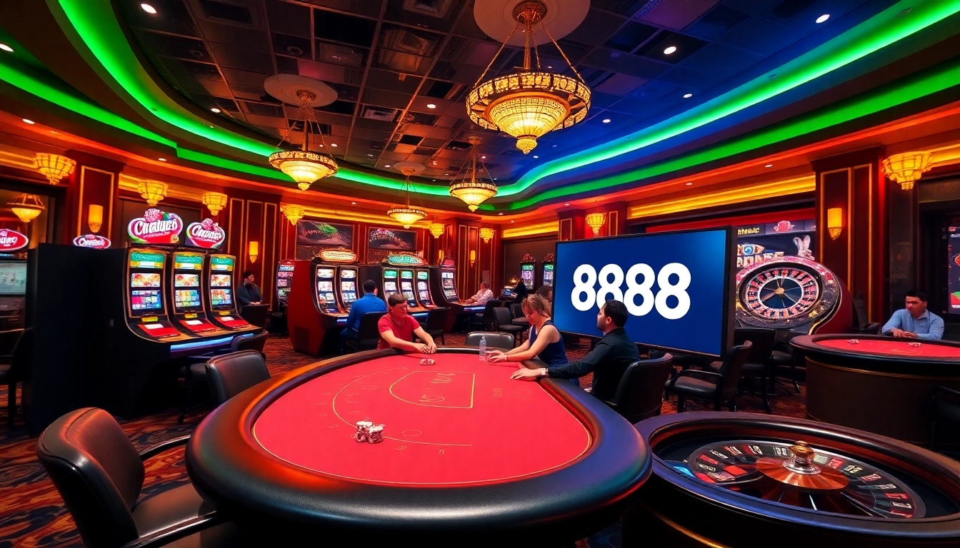 Exciting scene of gamblers playing at a luxury casino with the link 888P interface highlighted.