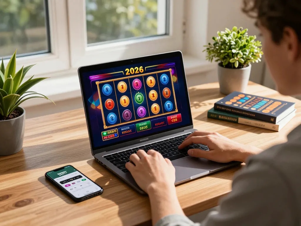 Player enjoying an online game at home with the DEBET casino app on their laptop.