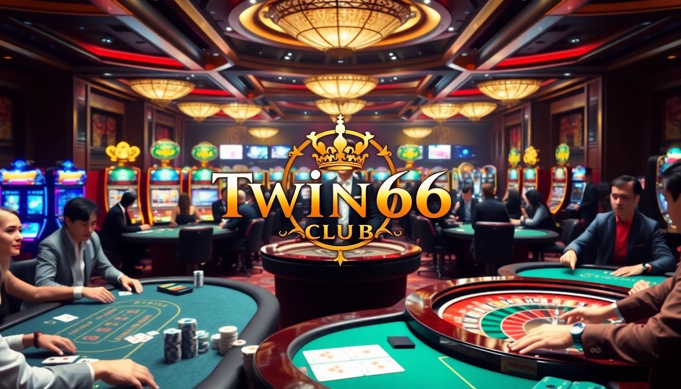 Engaged players at Twin68 club poker tables with vibrant casino elements and excitement.