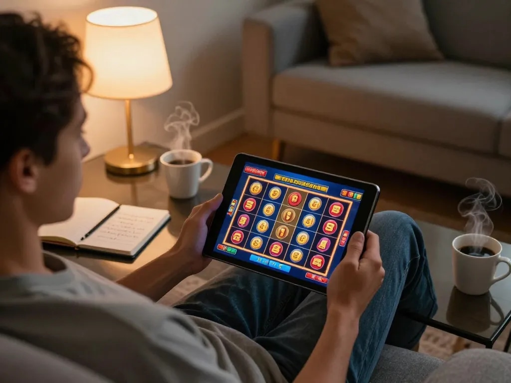 Player engaging with nk88vip online casino on a tablet, cozy home setting.