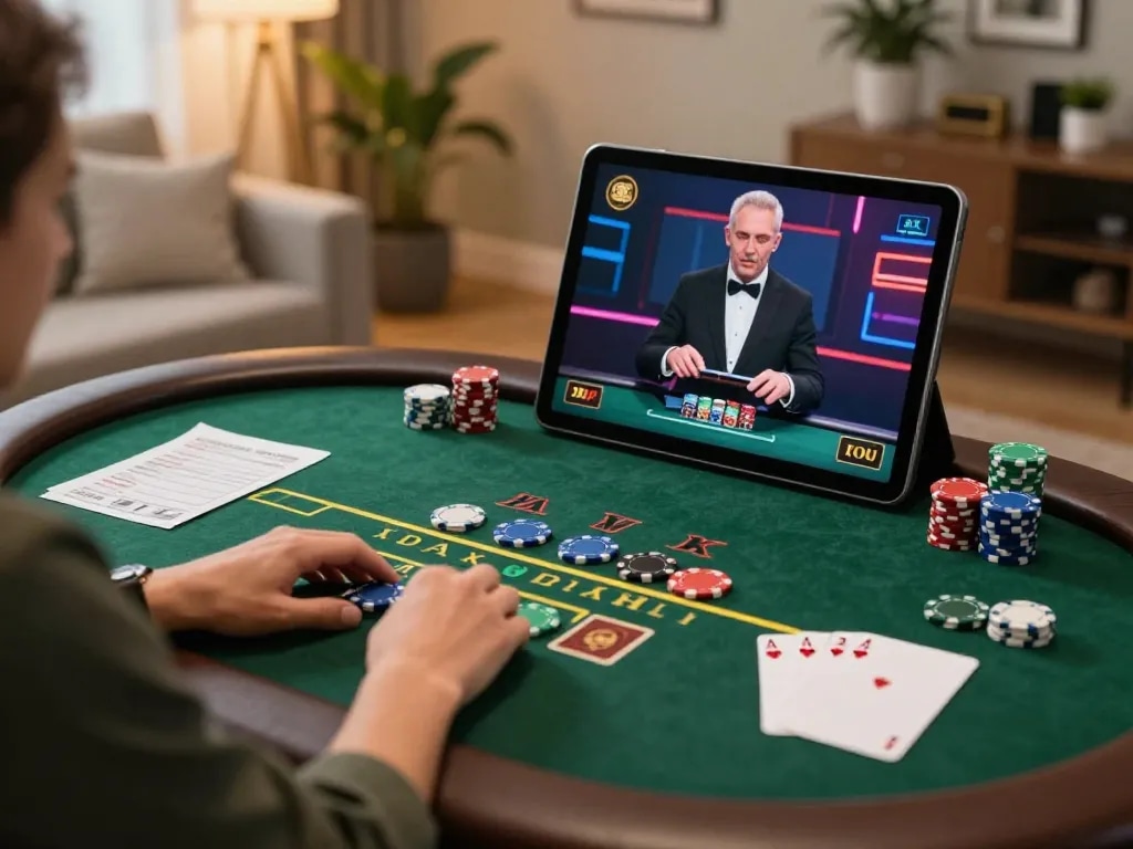 KUBET player strategizing during live dealer blackjack on tablet in cozy home setting.