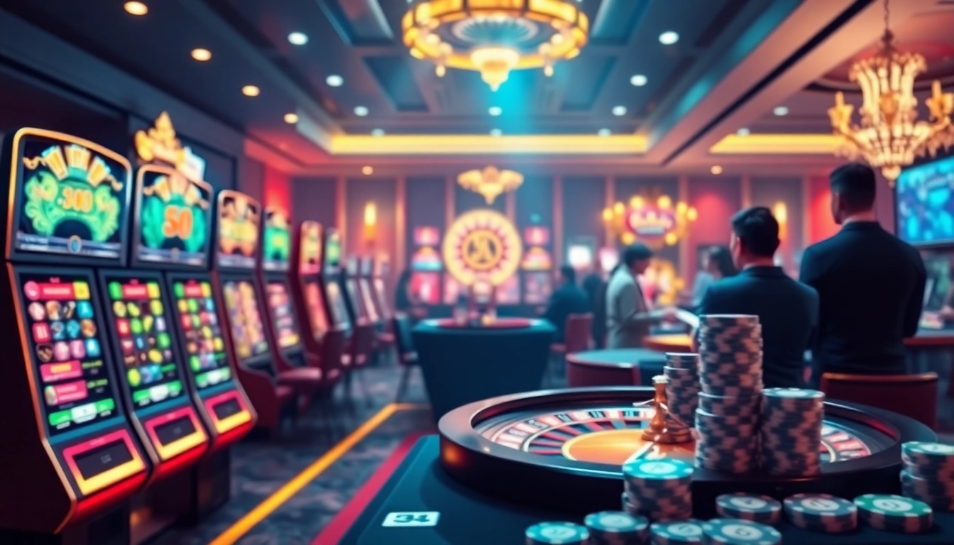 Engaged players at a luxurious casino online with kjc xx88 branding, featuring vibrant slot machines and exciting games.