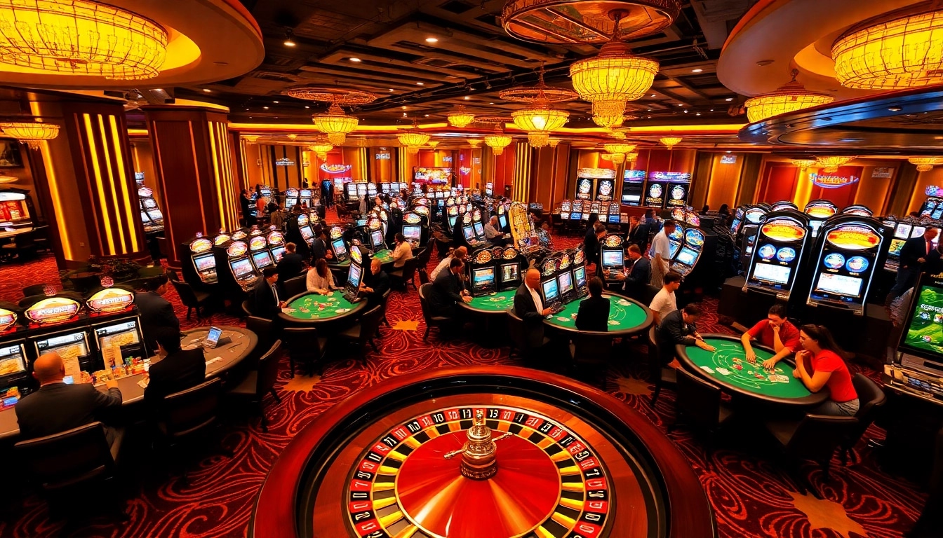 SUNCITY casino scene with poker tables and vibrant slot machines illuminating the excitement of gambling.