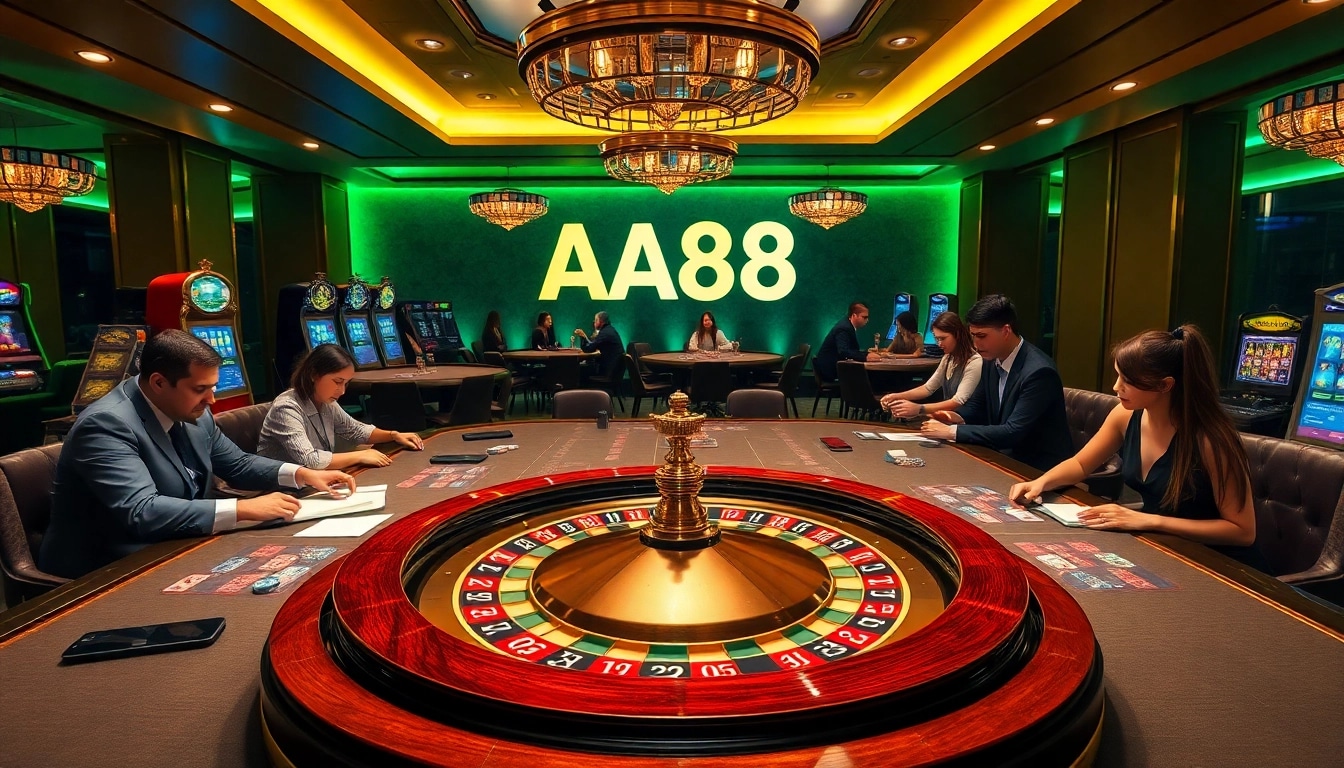 Intense gaming action at AA88 casino with vibrant tables and players engaged in betting.