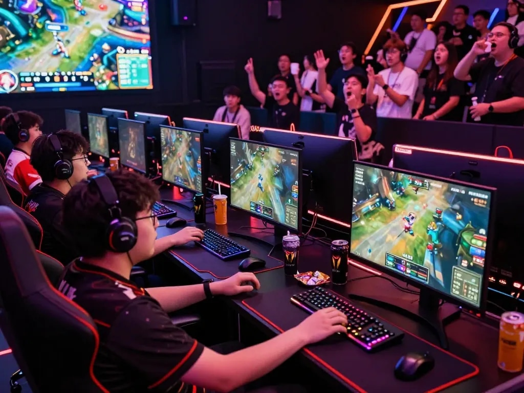 Max102 gamers in a lively esports arena with colorful LED lights and intense focus.