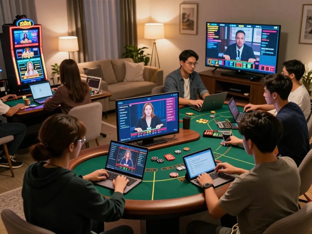 Players enjoying online gaming with 92SLOT, showcasing home gaming setup and excitement.