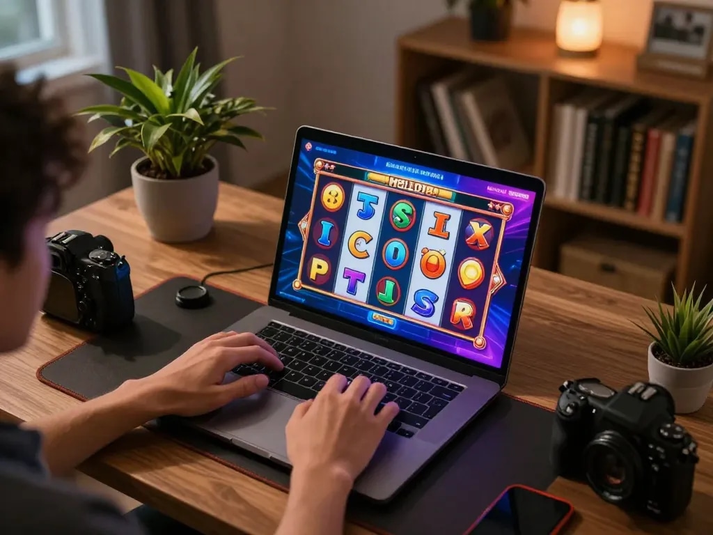 Player enjoying HELLO88 online slots, pressing spin button with excitement in a cozy home environment.