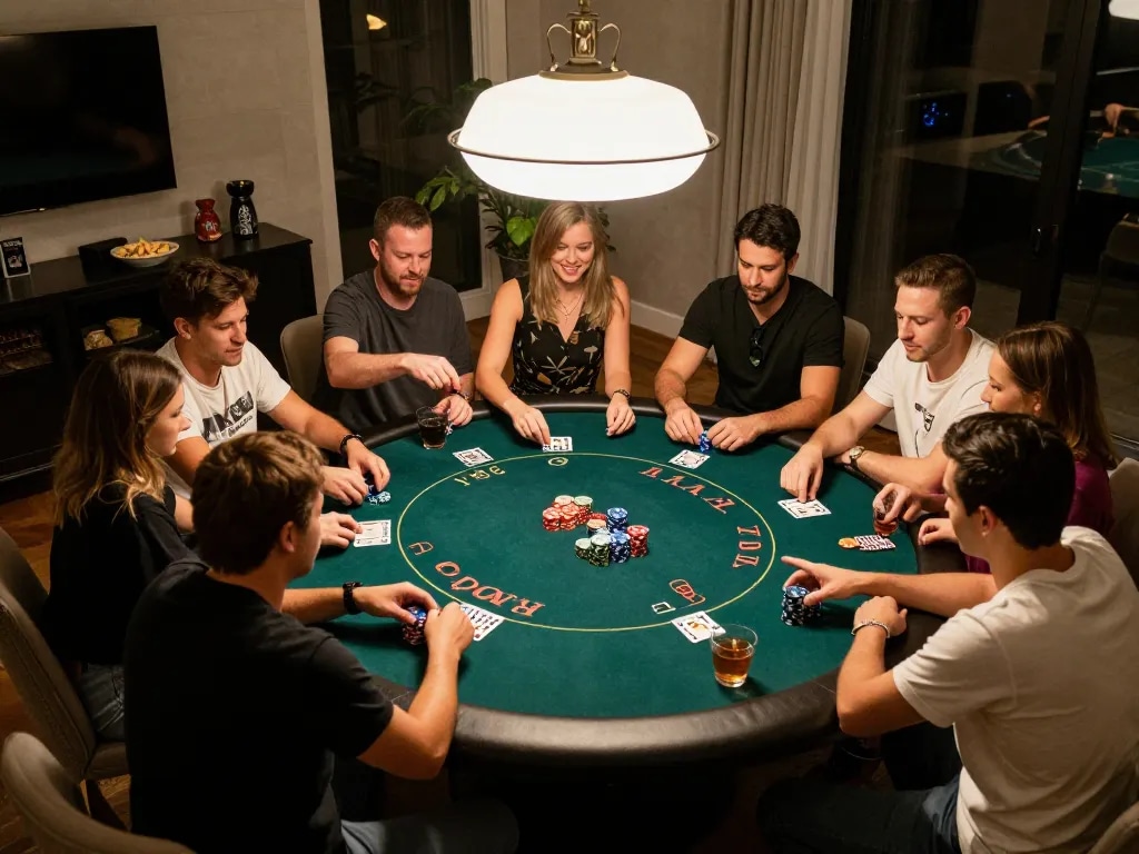 Friends enjoying a poker night at home while playing QQ88, complete with chips and drinks, capturing excitement.