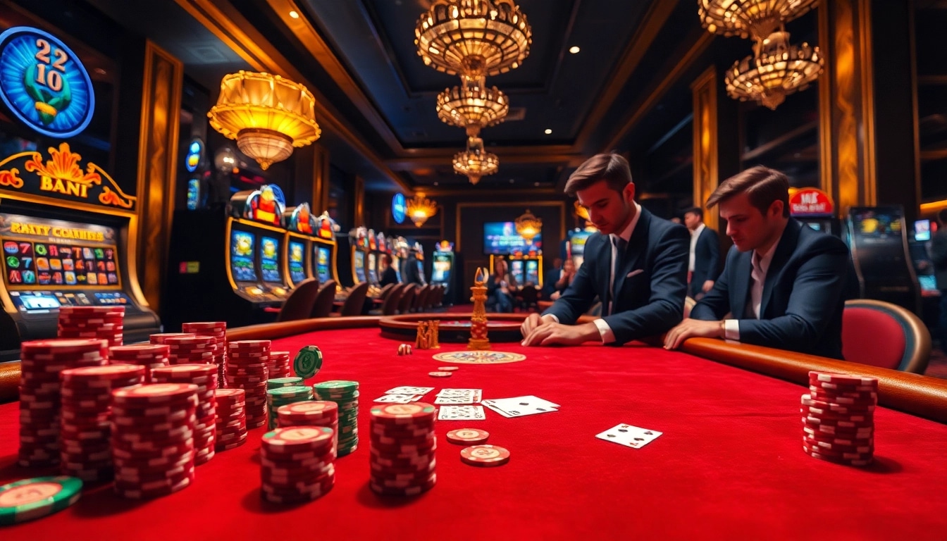 Engaging scene of high-stakes poker at nhà cái 789p with vibrant colors, chips, and elegant players.