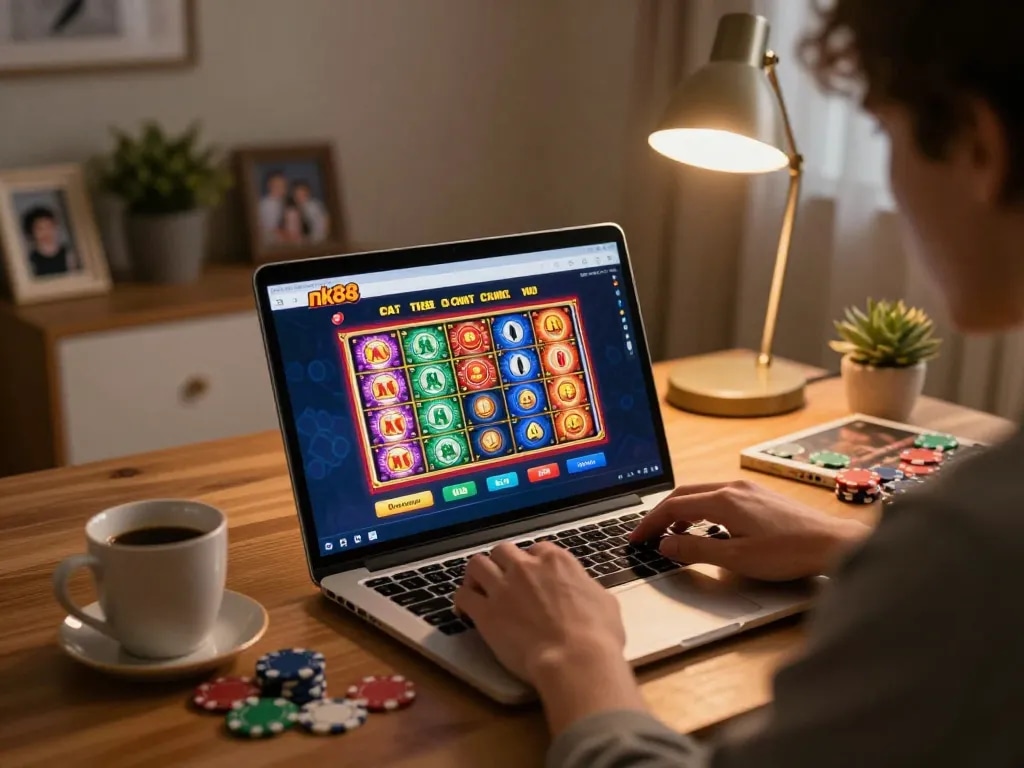 Player enjoying nk88 online casino on a laptop with poker and slots displayed.