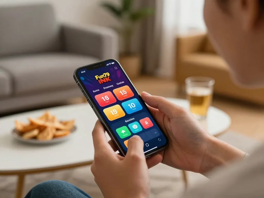 Experience thrilling online betting with Fun79 INK mobile app interface in a cozy home setting.