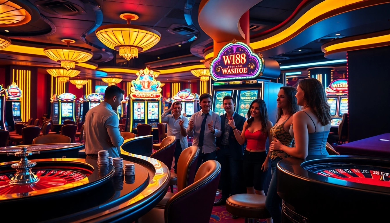 Experience W188 excitement as players celebrate a big win at a vibrant casino scene.