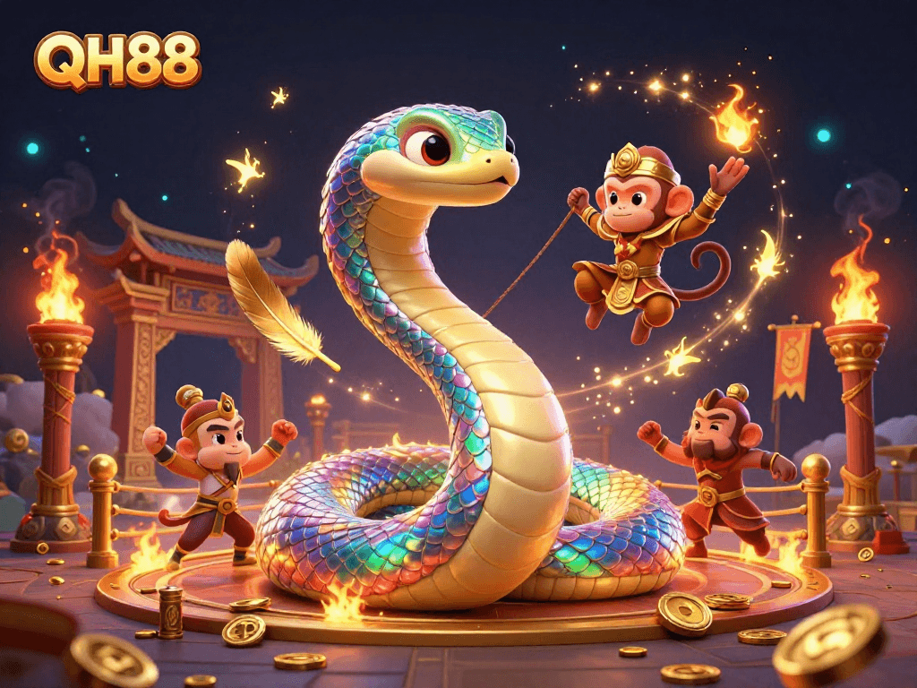 Engage with the vibrant 3D illustration of QH88, showcasing thrilling casino elements and lively characters.