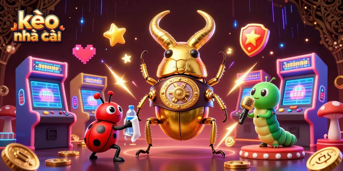 Bet on kèo nhà cái in a vibrant 3D casino scene featuring a golden stag beetle and ladybug.