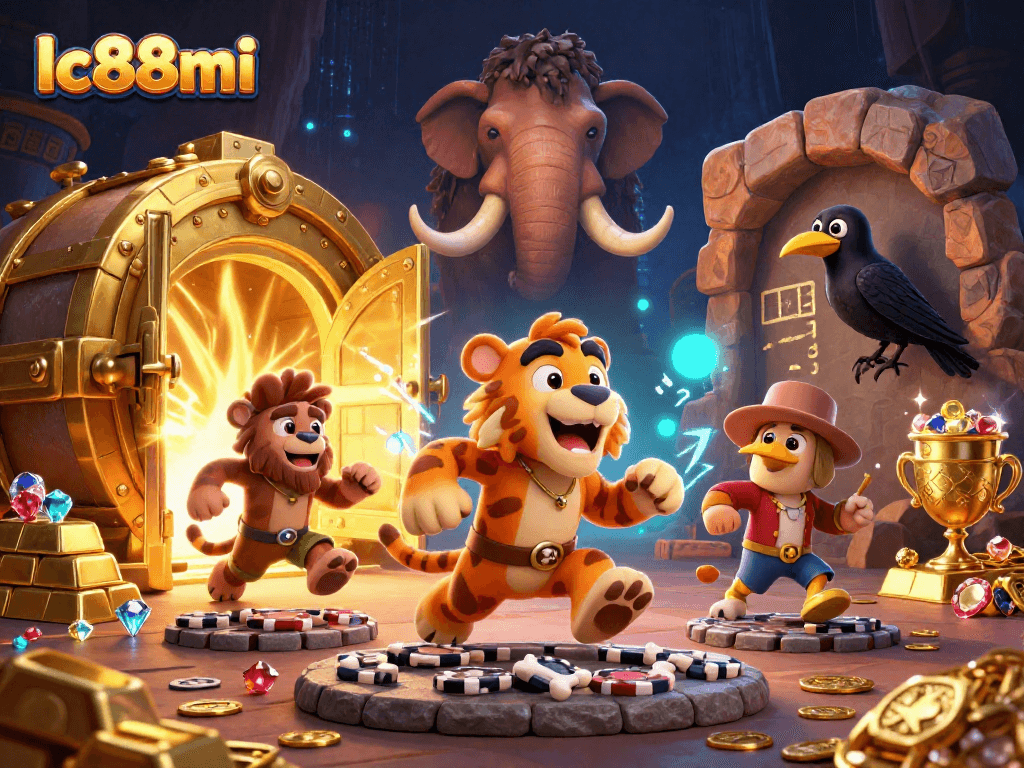 Win big at lc88mi with a vibrant 3D casino scene featuring unique gaming elements and characters.