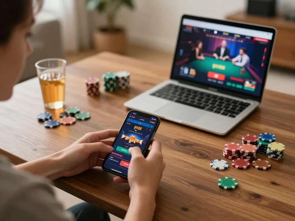 Player engaged in gaming on go88 smartphone, showcasing interactive casino features and vibrant gaming setup.