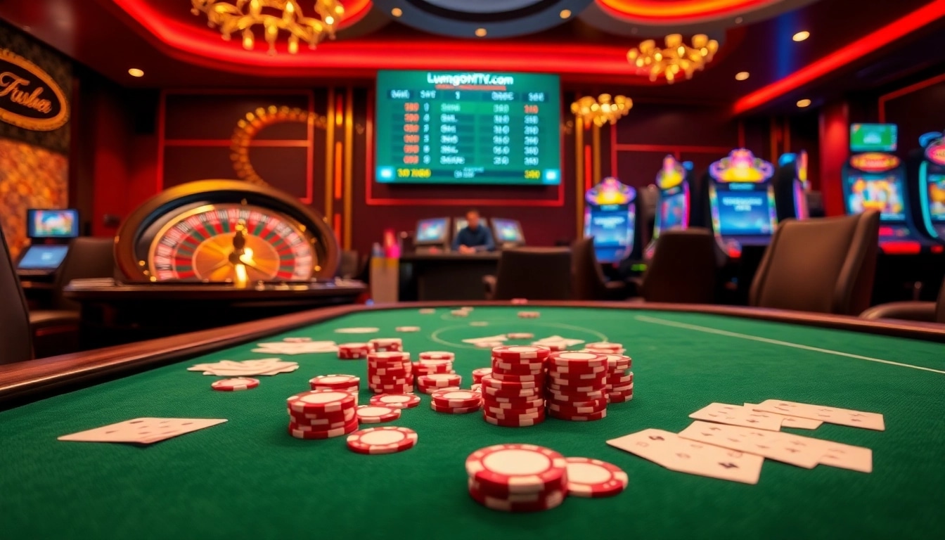 Experience thrilling gaming at luongsontv60com with vibrant poker tables and roulette wheels.