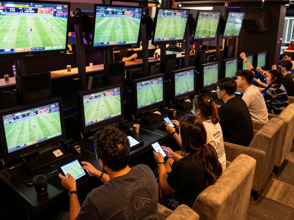 Betting in a lively sports area at ALO8 VIP, full of screens and enthusiastic patrons.