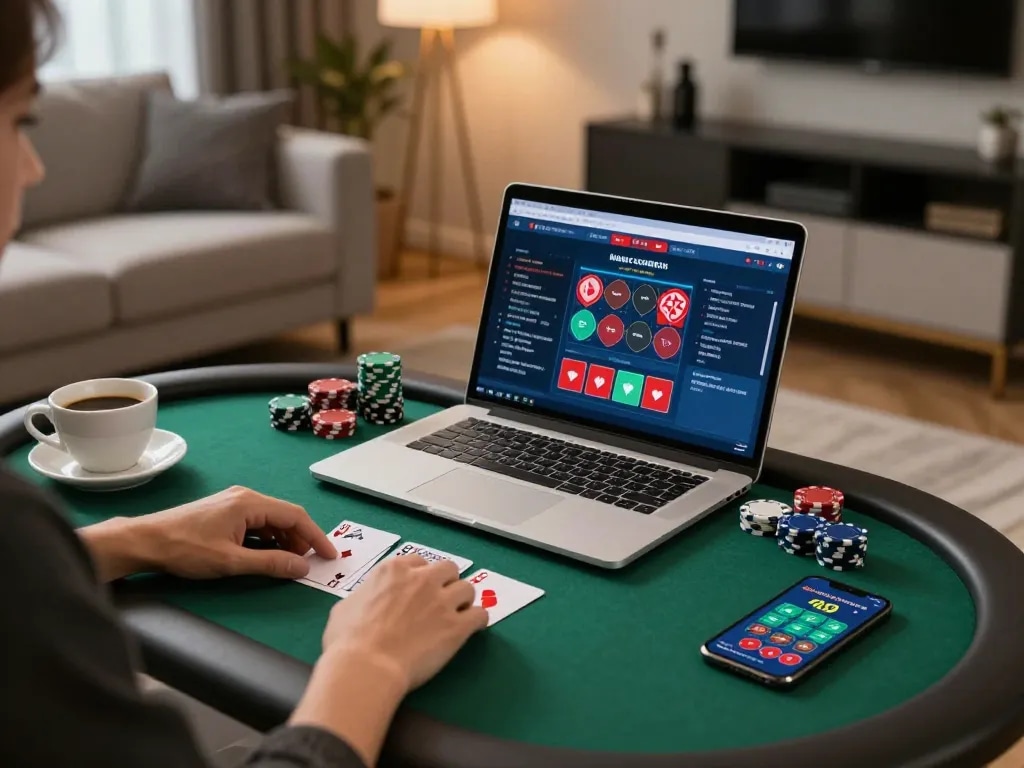 Cakhiatv user strategizing for online poker with laptop and smartphone in cozy setting