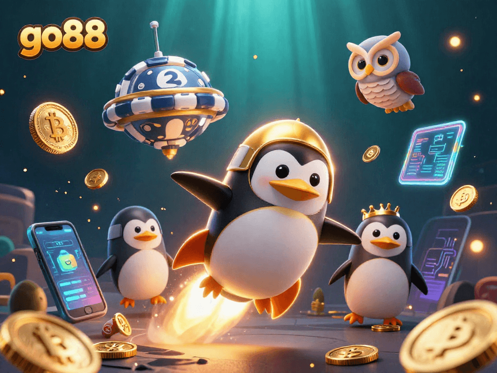 Experience go88 with a golden penguin soaring through a vibrant casino universe!