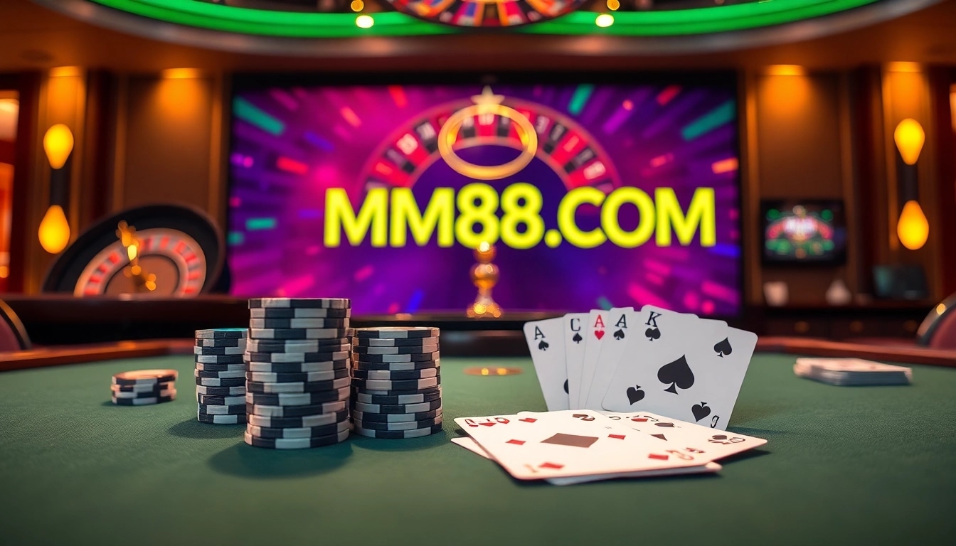 Engage with thrilling gameplay at MM88 COM, featuring poker chips and cards on a vibrant casino table.
