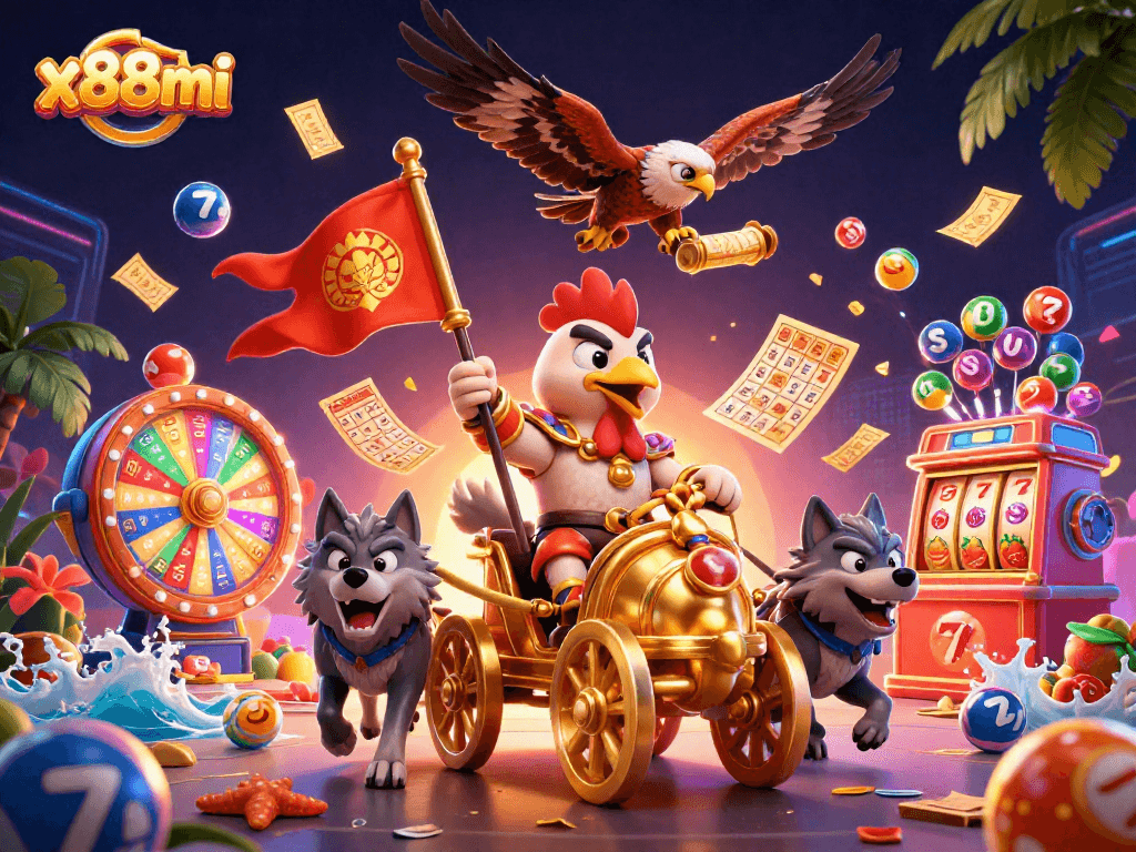 Win big at x88mi with a vibrant 3D scene featuring a rooster warlord, colorful lottery balls, and casino elements.