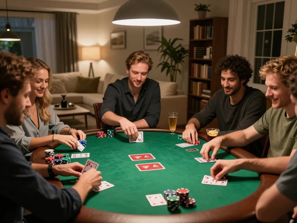 EE88 players enjoying Texas Hold'em during a lively home poker game night, depicting a friendly competition.