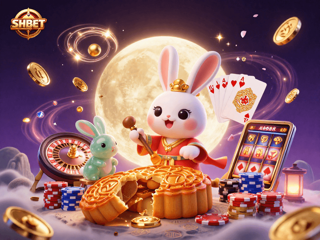 Engage with SHBET's vibrant 3D illustration showcasing lunar festivities with poker chips, coins, and jackpot excitement.