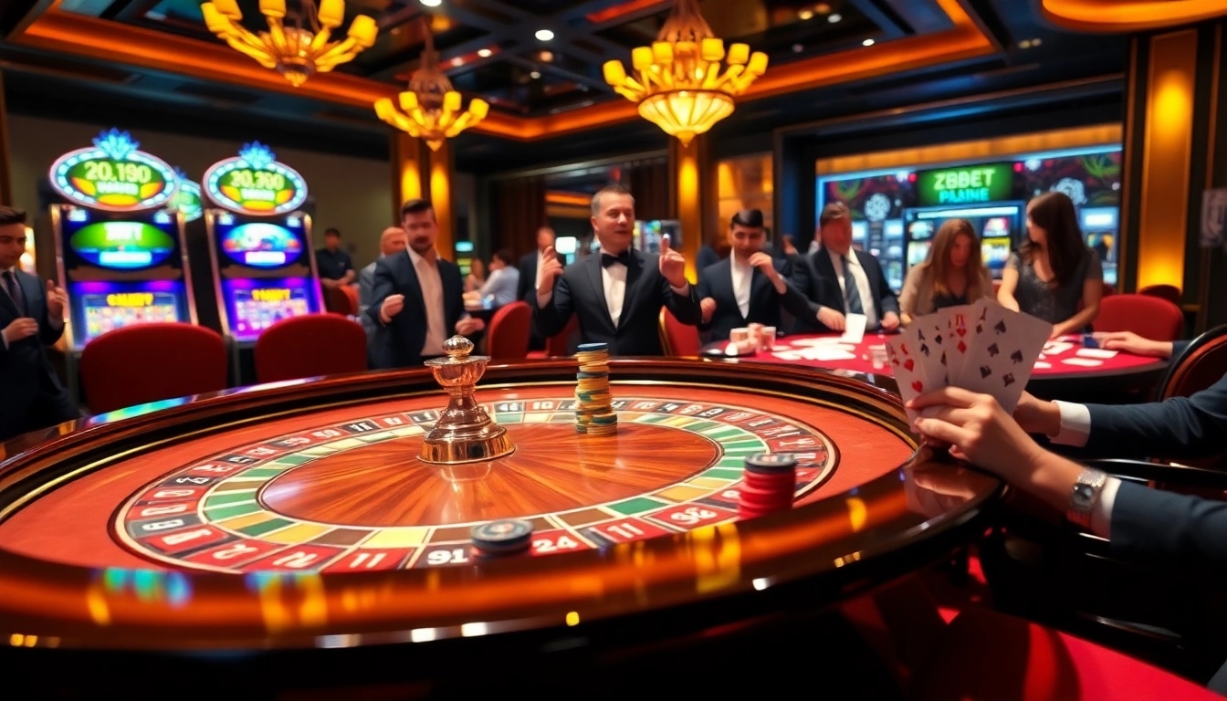 ZBET exciting casino experience featuring a roulette table, colorful chips, and enthusiastic gamblers.