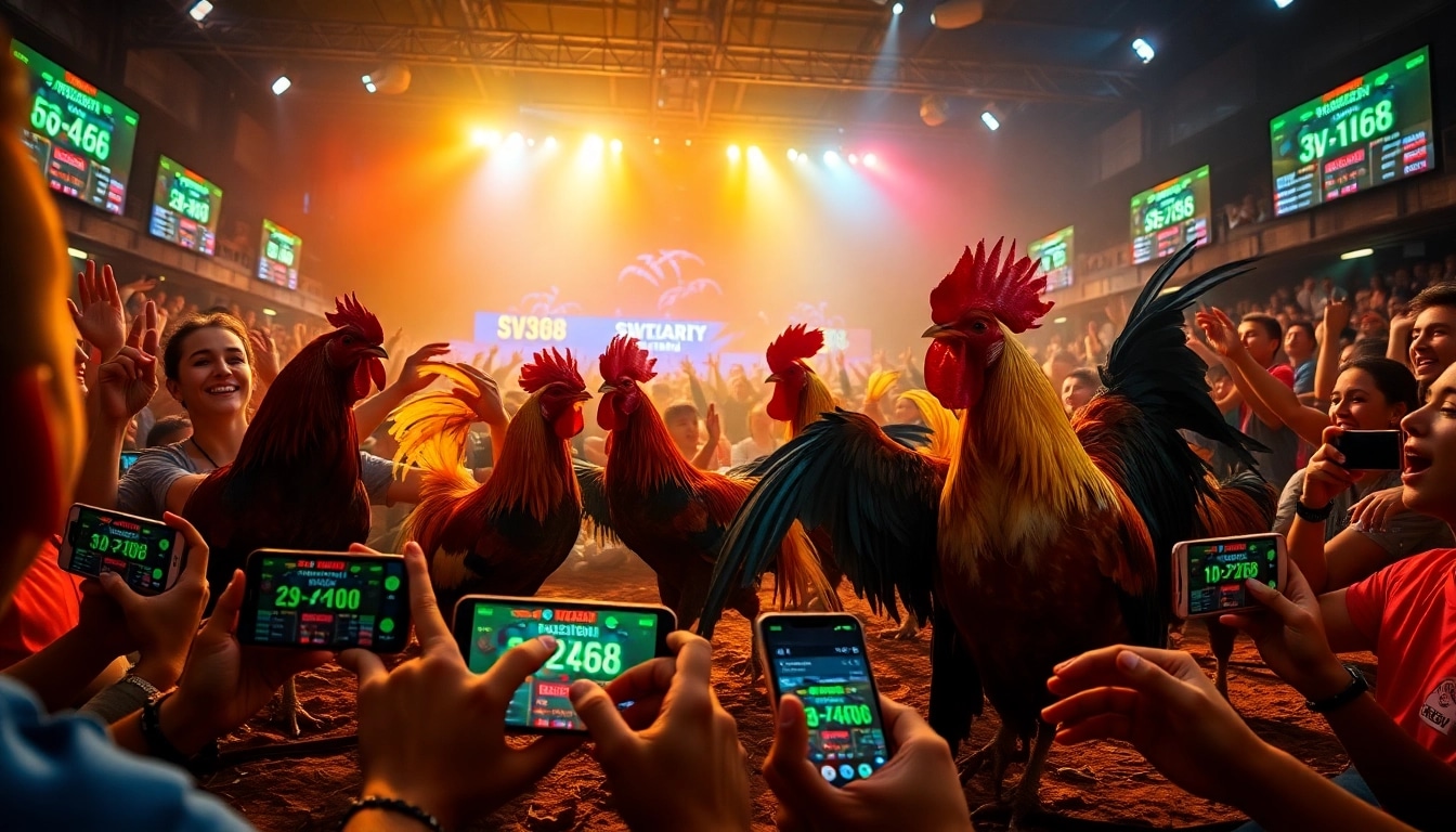 Live cockfighting action at sv368win.live, featuring vibrant roosters and an excited crowd.