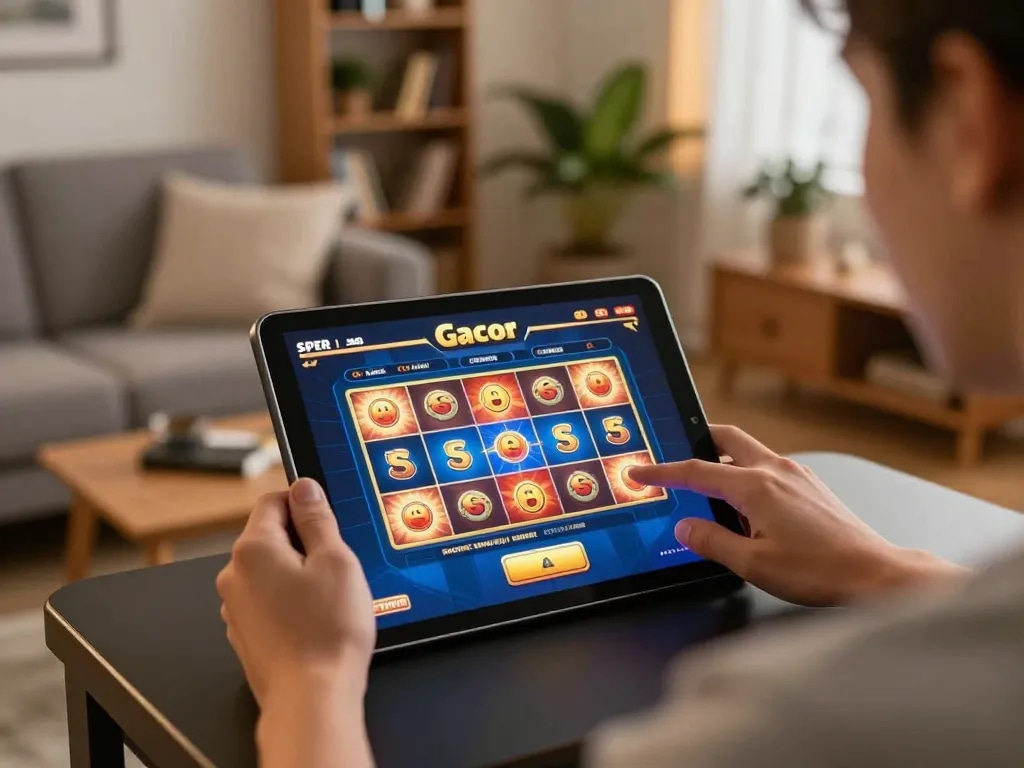 Playing Slot Gacor on a tablet, showcasing an engaging online gaming experience.