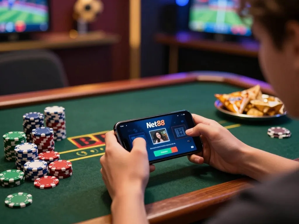 Player enjoying Net88 mobile gaming app with colorful chips and snacks in cozy setup.