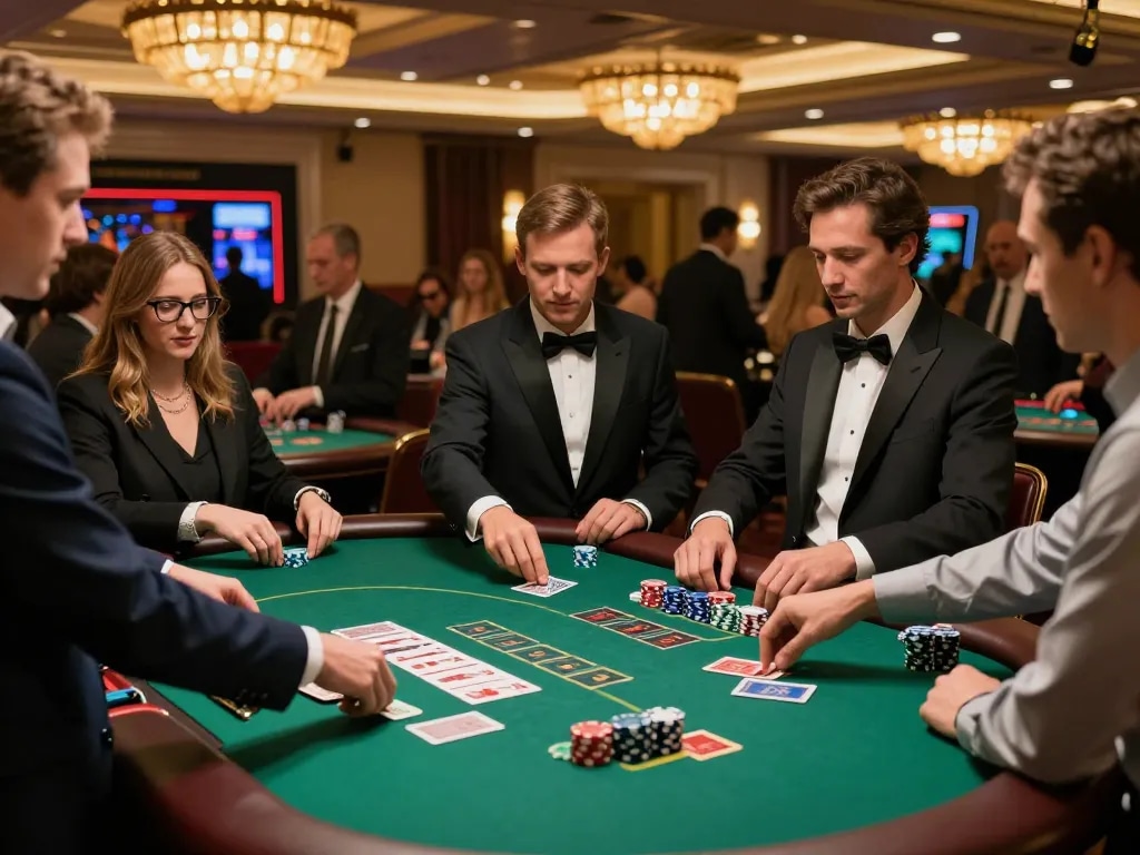 Players engage in a thrilling blackjack game at 33win's upscale casino, showcasing competitive energy.