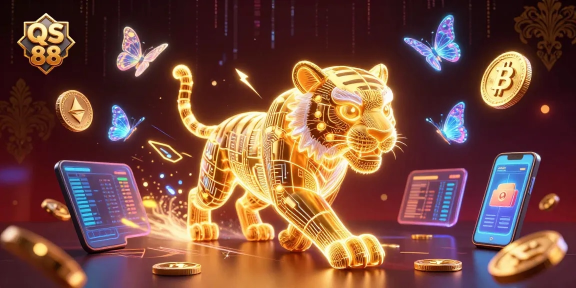 Experience the thrill of QS 88 with a dynamic casino landscape featuring a glowing tiger and crypto coins.