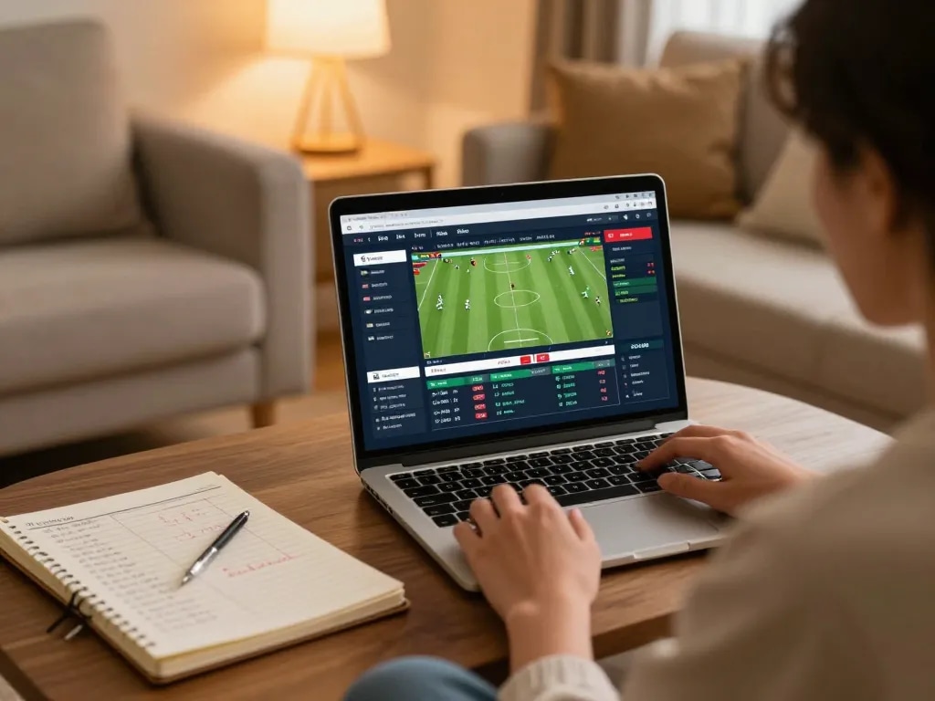 Kuwin user placing bets online from home, showcasing a cozy sports betting setup with laptop and strategy notes.