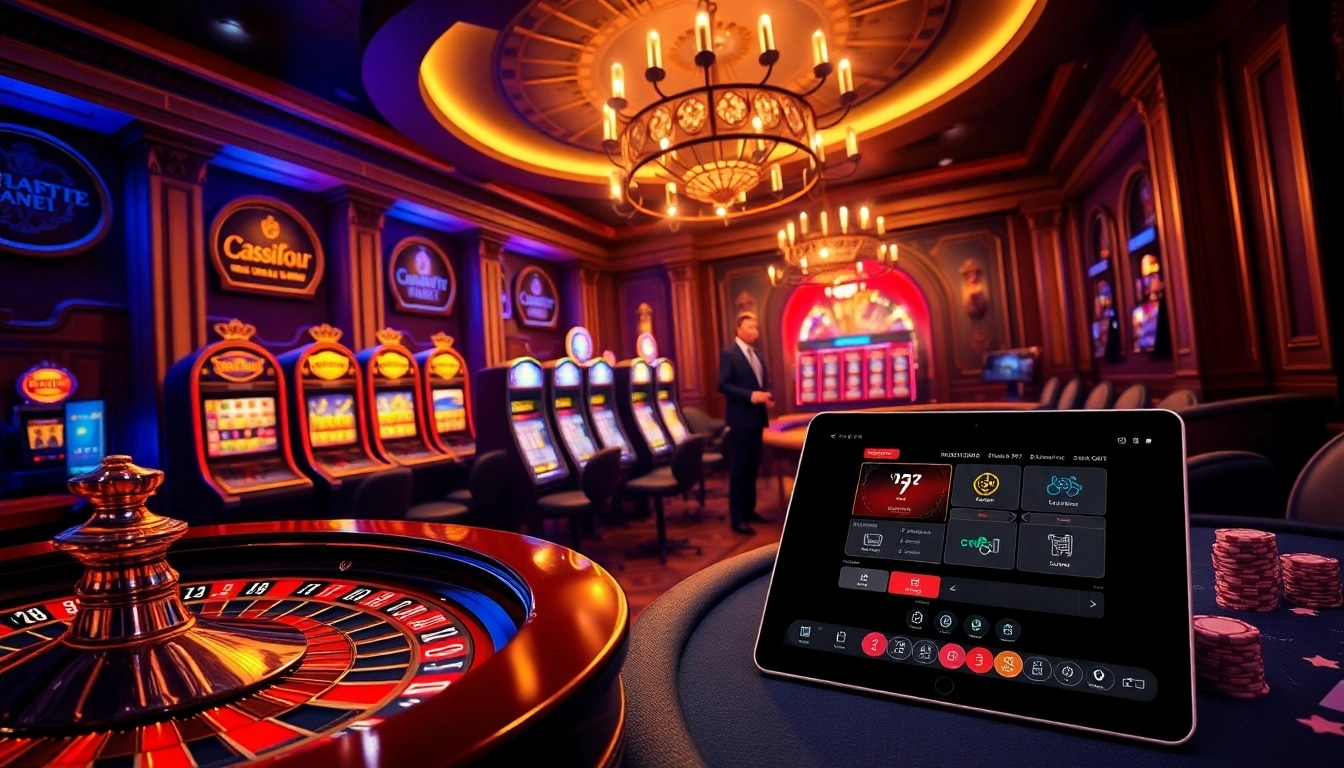 Experience the excitement of gaming at thabet77.sa.com with a vibrant casino scene featuring roulette and poker tables.