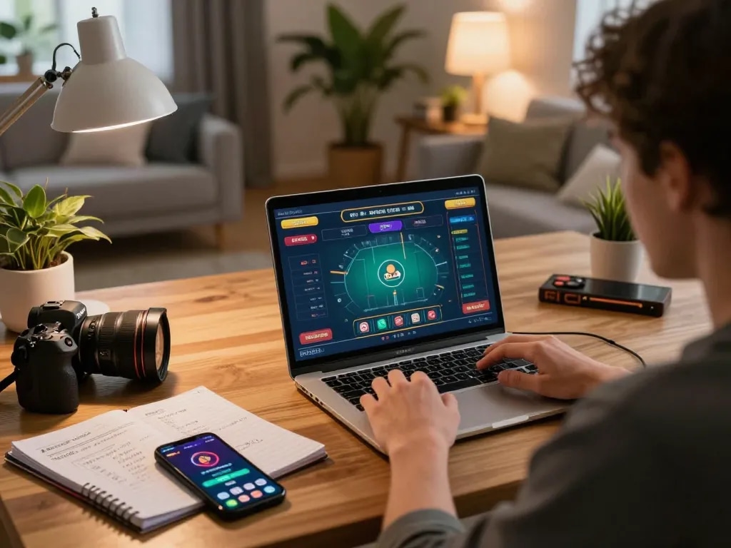 KJC user engaged in online gaming strategy at home with laptop and gaming notes.