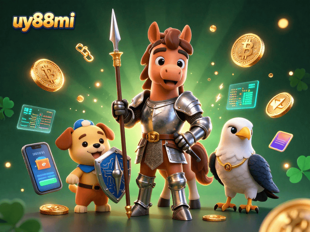 Experience the thrill at uy88mi with our casino-themed illustration featuring a knight, squire, and falcon.