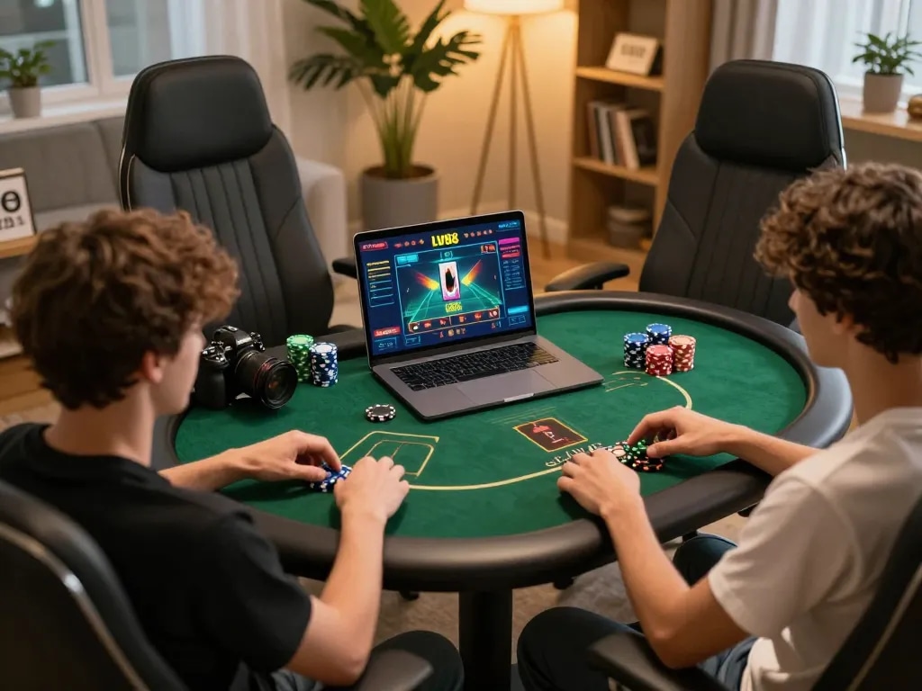 Player engaging with LV88 online casino game interface during home game night.