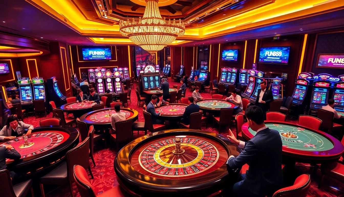 Experience the excitement of FUN88 at a bustling casino with vibrant tables and eager players.