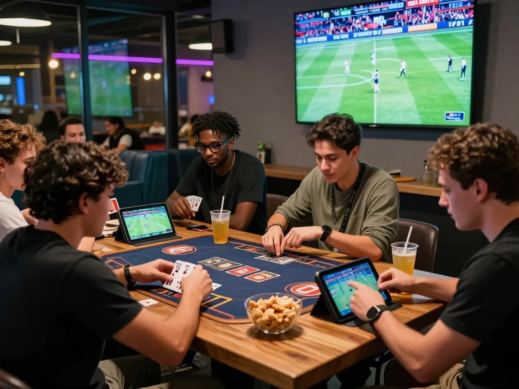 Engaged friends enjoying a sunwin betting game in a vibrant lounge atmosphere.