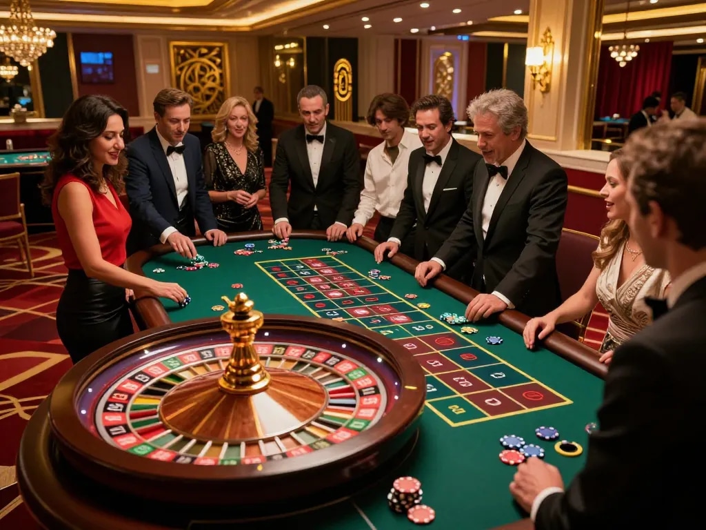 Experience the thrill with nhà cái cm88 at a lively roulette table in a luxurious casino.