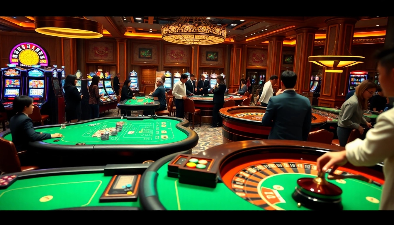 Excited players gamble in a luxurious casino featuring vibrant tables, slot machines, and the essence of ee88.