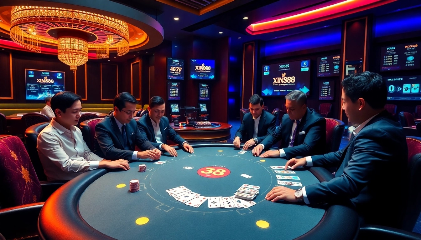 Experience thrilling poker action at Xin88 with detailed chips and vibrant casino ambiance.