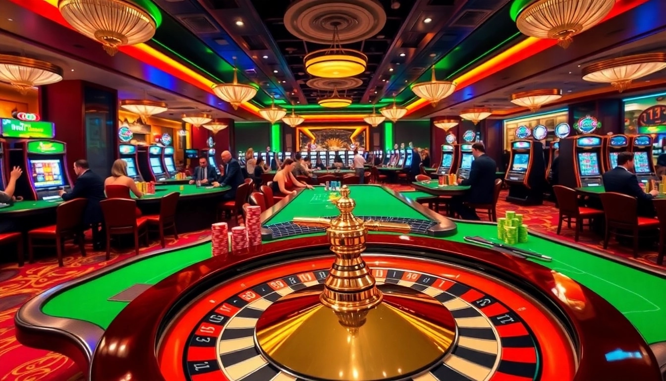 Experience thrilling action at link xx88 with vibrant casino tables, poker chips, and spinning roulette wheels.