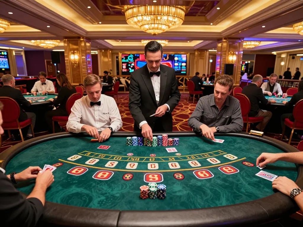Players enjoying a lively night at 789win casino, engaging in dynamic blackjack and roulette games