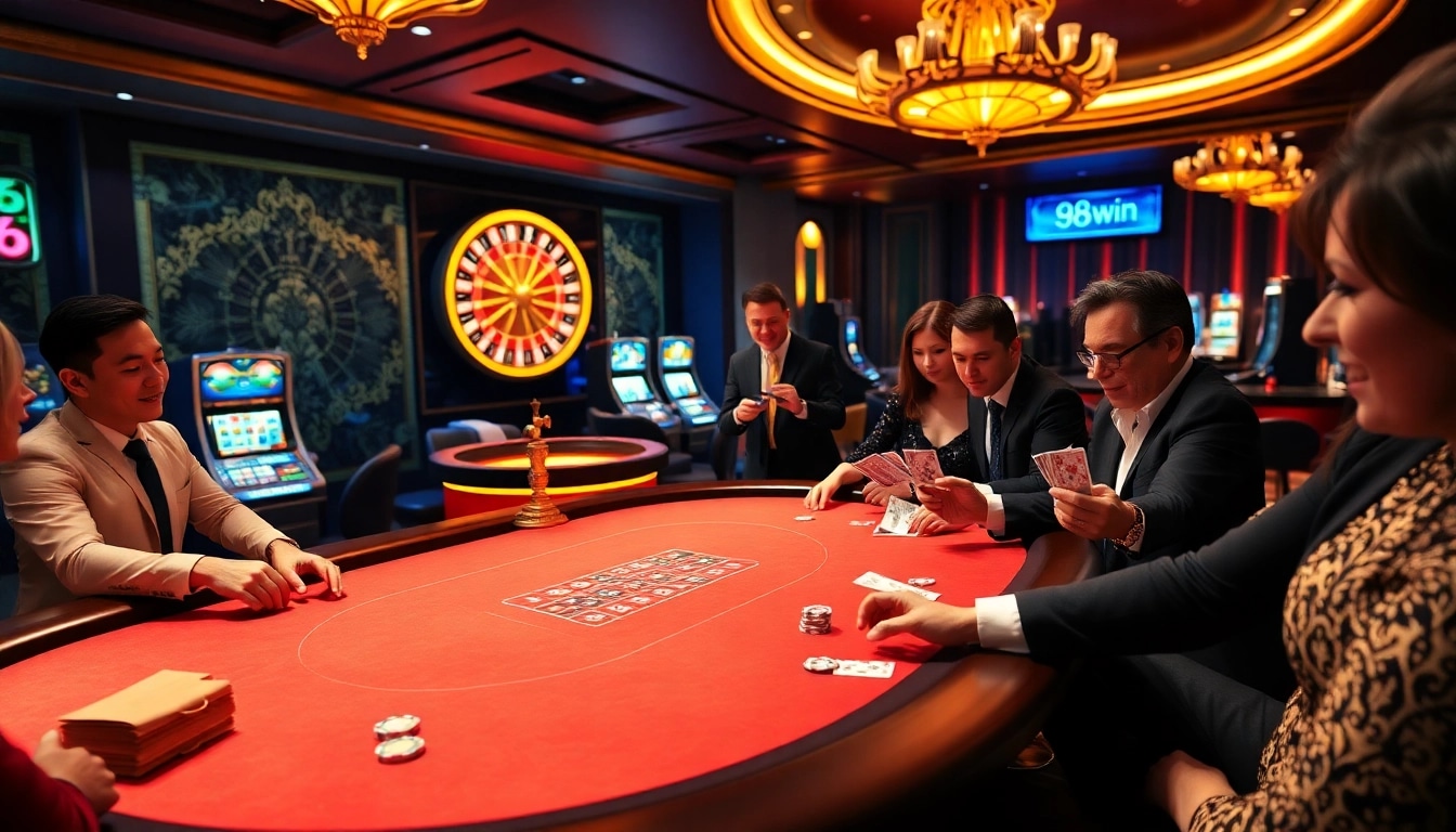 A thrilling poker game at 98win with colorful chips and cards enhancing the casino experience.