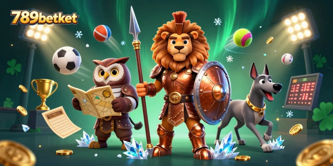 Bet on 789betket's thrilling sports scene featuring a lion, owl, and greyhound with action elements.