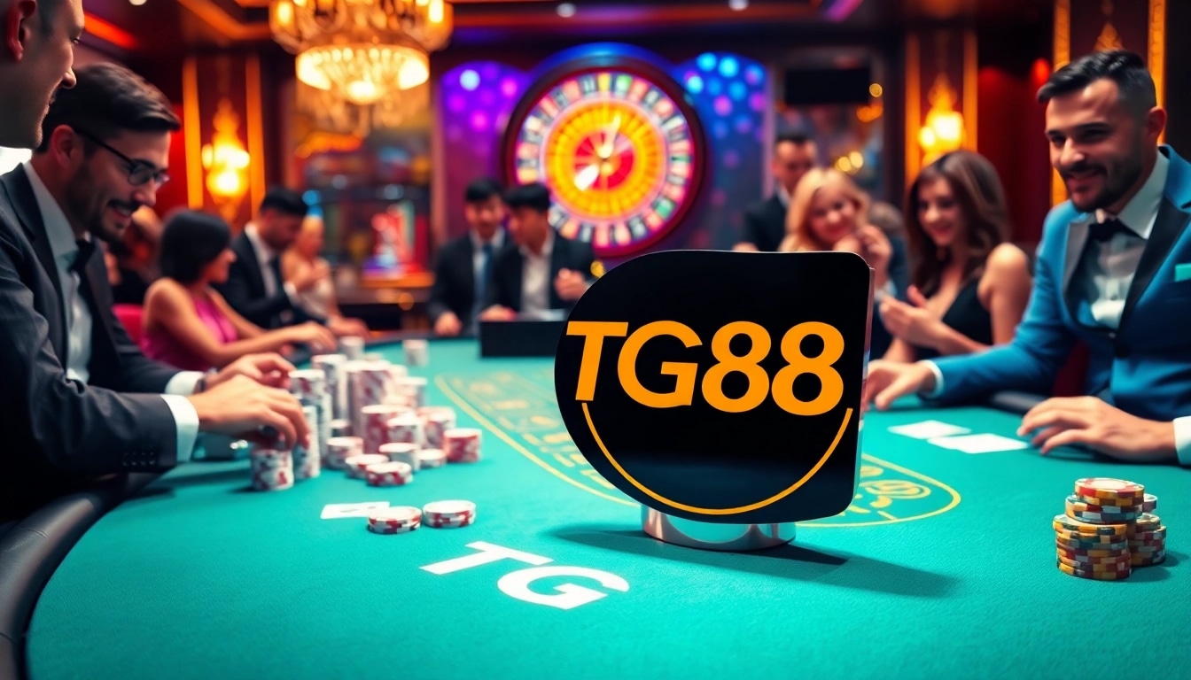 Exciting casino scene showcasing TG88 with players engaged around a gaming table.